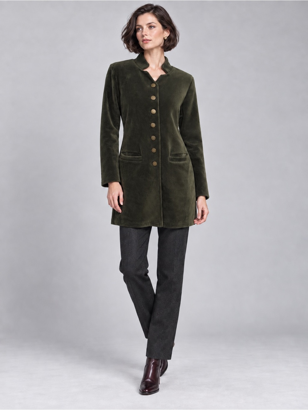 Venario Olive Green Plush Fleece Mock Neck Button Lined Coat Women's Size Small